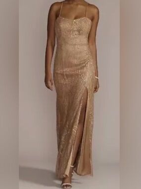 Galina Signature Elegant Gold Champagne Sequin Beaded Formal Gown Dress